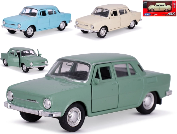 Metalinis automobilio modelis Škoda 100 Welly 1:34–1:39 su atbulinės eigos (pull-back) funkcija