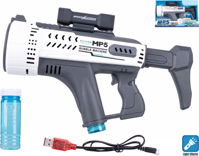 Balta muilo burbulų pistoleto MP5 stiliaus su šviesos efektu 44 cm