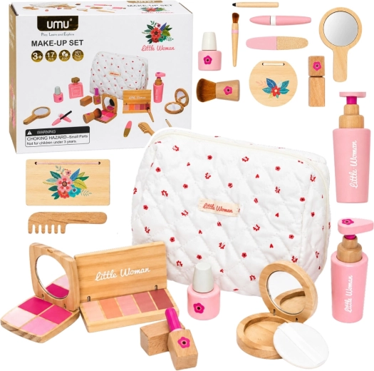 Wooden kids’ beauty set with white cosmetic bag, 17 pcs