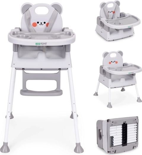3-in-1 high chair for kids with double tray and 5-point harness, gray ECOTOYS