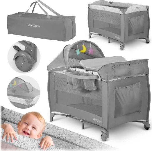 Kelioninė lovytė su čiužiniu ir transportavimo krepšiu 125×65×78 cm, pilka
