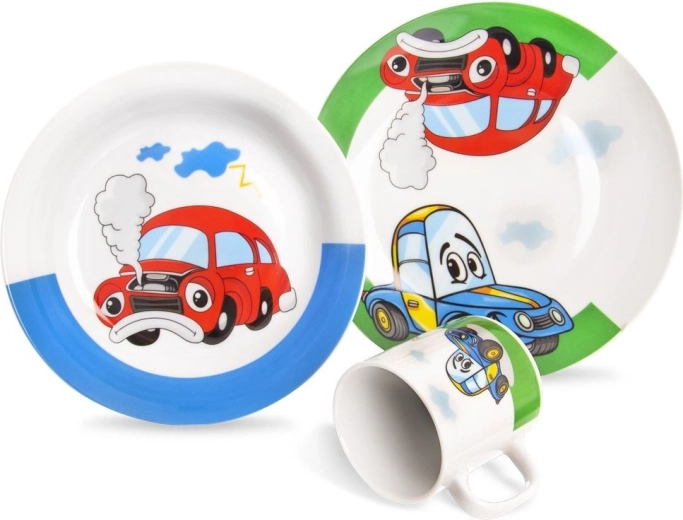 Vaikiškas porcelianinis pusryčių rinkinys Orion „Automobiliai“, 3 dalių