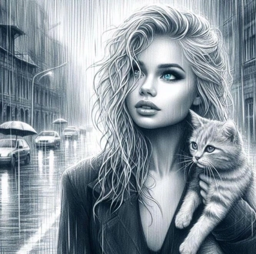 Deimantinė mozaika „Mėlynakė moteris su katinu“ 30 × 40 cm