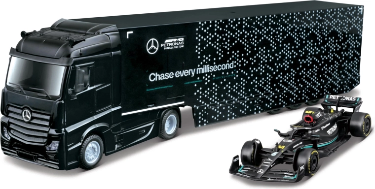 Bburago vilkikas su priekaba F1 transportavimui ir Mercedes-AMG Petronas W15 (2024) George Russell 1:43 modelis