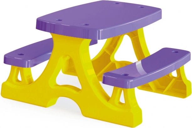Plastikinis pikniko staliukas su suoliukais, geltonai violetinis