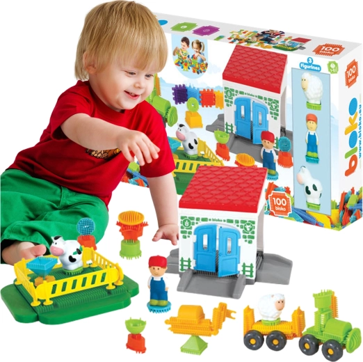 Mochtoys Farm Peg Building Set with 100 Pieces and 3 Figures