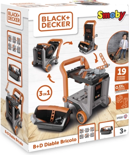 Black+Decker vaikiškas dirbtuvių vežimėlis 3in1 su įrankių dėže