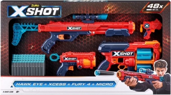 X-Shot pistoletų rinkinys „Combo“: Hawk Eye + Xcess + Fury 4 + Micro
