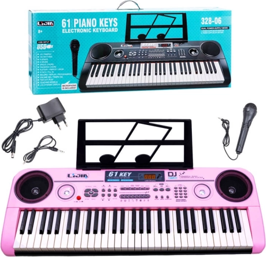Elektroninis klavišinis instrumentas 61 klavišas su mikrofonu ir USB – Rožinė
