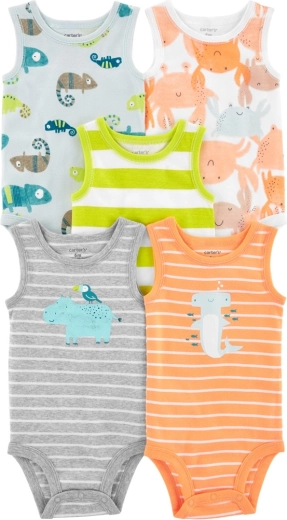 CARTER'S berniukiški smėlinukai be rankovių stripes animals 5 vnt. – NB / dyd. 56