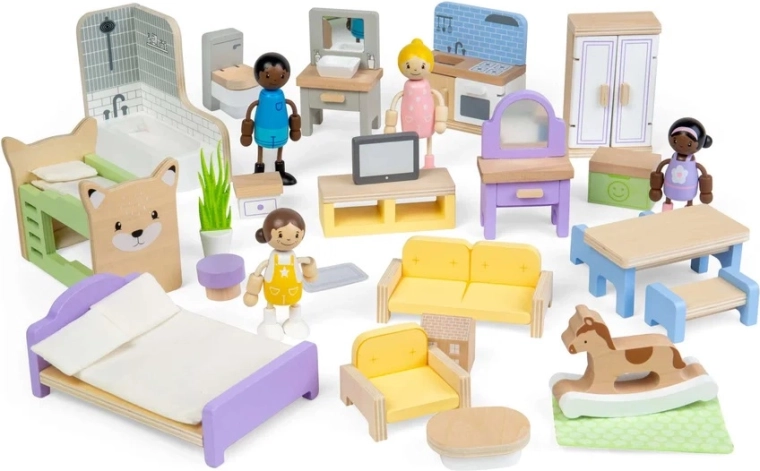 Bigjigs Toys medinių baldų rinkinys lėlių nameliui