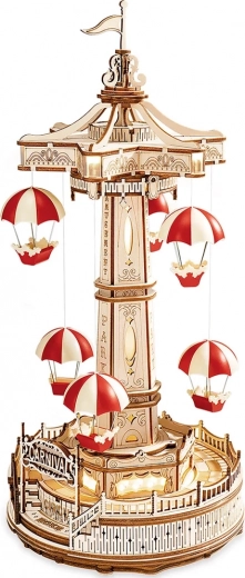 Wooden 3D puzzle music box – parachute carousel with LED lighting