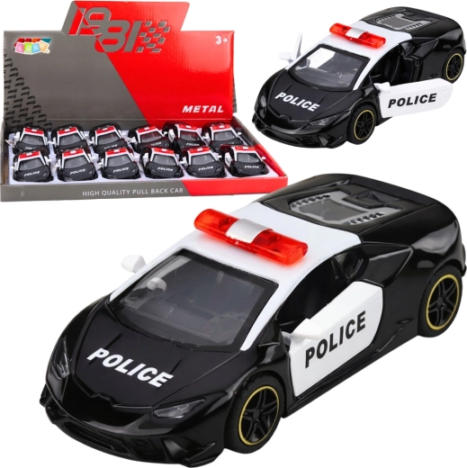 Metalinis policijos sportinis automobilis su užvedamu „pull-back“ mechanizmu 1:43