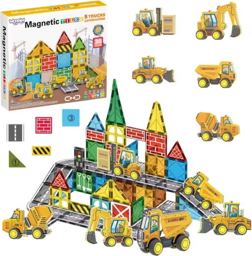 Magnetinis konstruktorius „Woopie“ su statybinėmis transporto priemonėmis