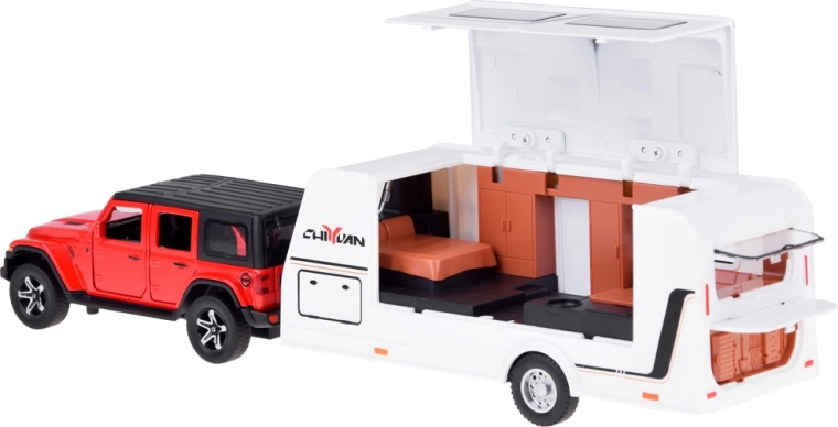 Karavanas su atidaromu ir įrengtu interjeru