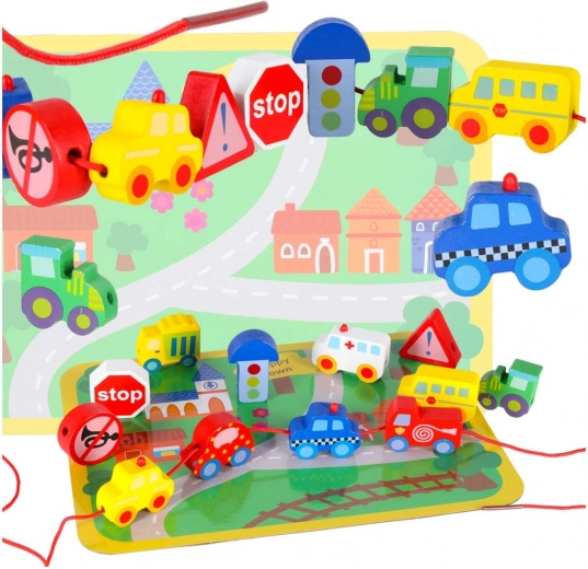 Wooden Lacing Blocks – Vehicles and Traffic Signs with Play Mat
