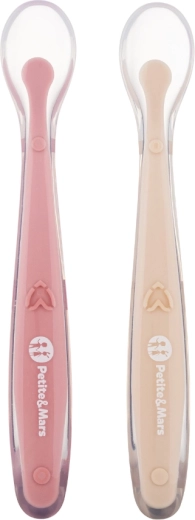 Petite&Mars silikoniniai šaukšteliai su dėklu Take&Match pea–ochre, 2 vnt., nuo 6 mėn.