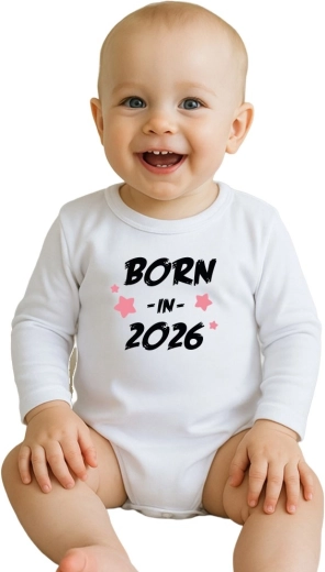 Vaikiškas medvilninis smėlinukas su spauda New Baby Born in 2026, rožinis, ilgomis rankovėmis