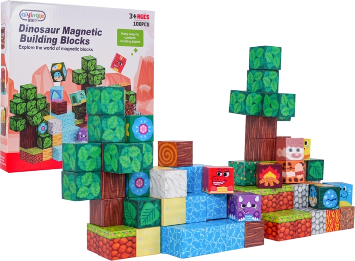 Set of Magnetic 3D Dinosaur Blocks - 100 Pieces