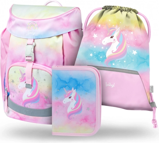 Mokyklinis rinkinys BAAGL Airy Rainbow Unicorn – kuprinė, penalas ir maišelis