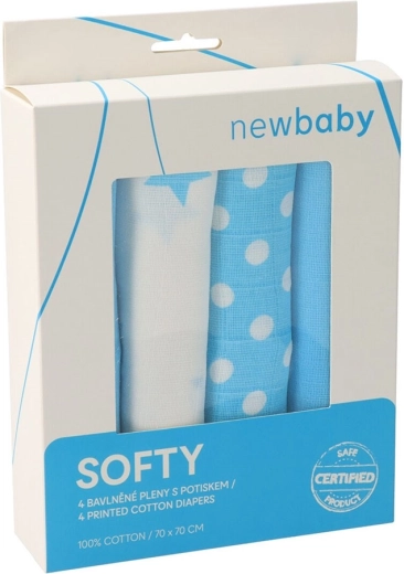Cotton muslin cloth diapers with print 70 × 70 cm, 4 pcs, turquoise‑white