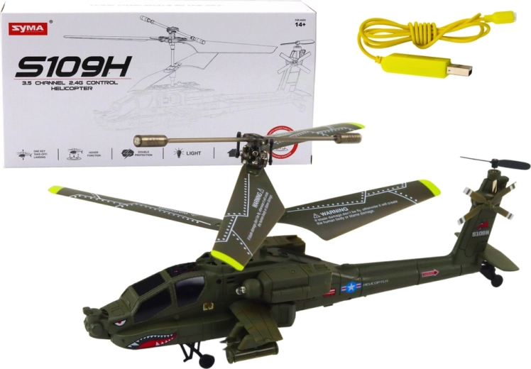 Green military Apache remote-controlled helicopter