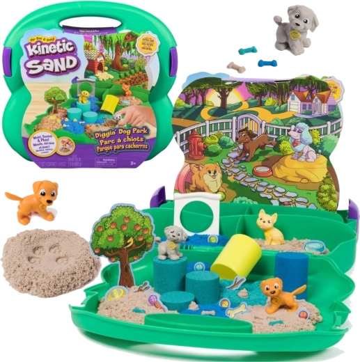 Kinetic Sand Diggin’ Dog Park nešiojamas rinkinys su smėliu ir šuniukais