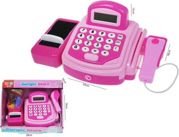 Children's cash register with conveyor belt and calculator