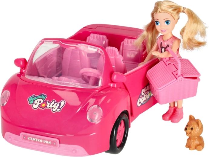 Pink convertible for dolls with picnic set and puppy