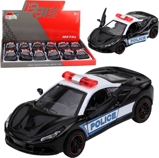 Metalinis policijos sportinis automobiliukas 1:43 su pull-back pavara, juodai baltas, atidaromos durys