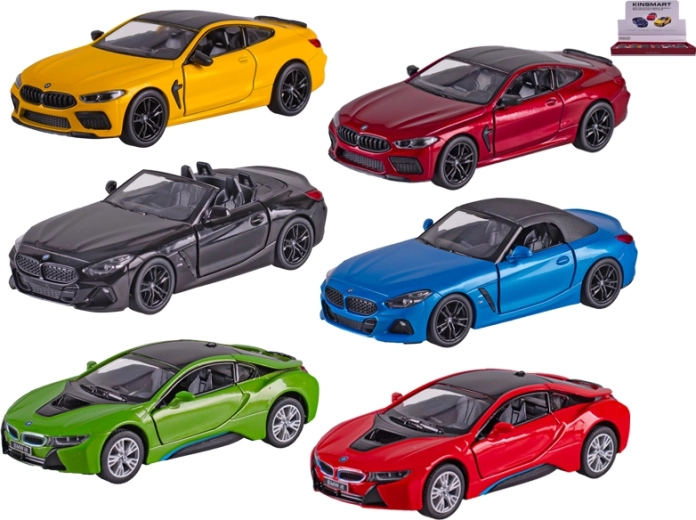 Metalinis automobilio modelis Kinsmart BMW 1:38 su inerciniu mechanizmu ir atidaromomis durelėmis