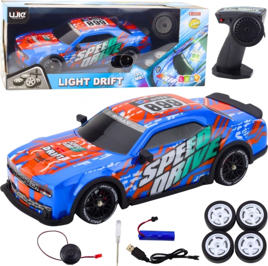 RC sports car with illuminated body and drift wheels – blue