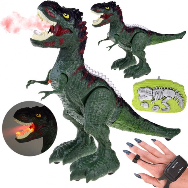 RC dinozauras valdomas gestais ir nuotolinio valdymo pultu, šviesos, garsai ir garai – Žalia