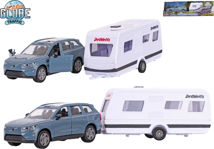 Kids Globe Traffic Volvo EX90 su Dethleffs karavanu – metalinis modelis su „pull-back“ pavara