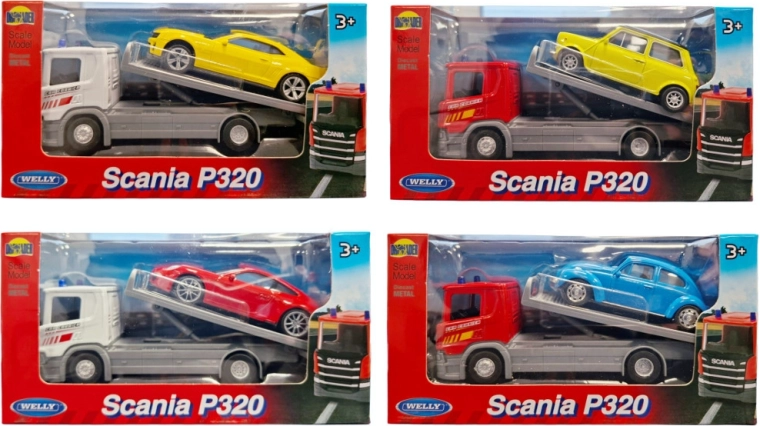 Welly vilkikas-tralas Scania 1:57 su sportiniu automobiliu 1:43