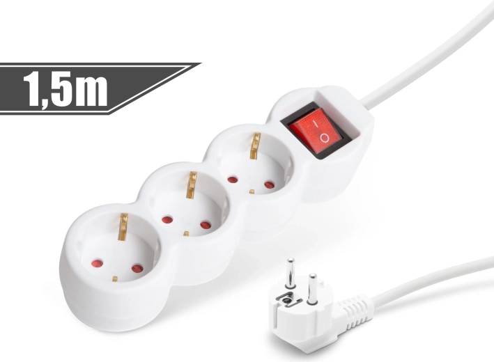 White extension cord with 3 sockets and a switch