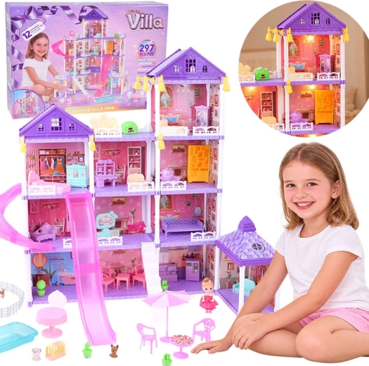 Lėlių namelis „Vila LED“ su čiuožykla ir 250 detalėmis