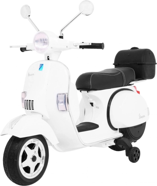 Vaikiškas elektrinis paspirtukas Vespa baltas su pagalbiniais ratukais, garsu ir ekooda