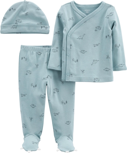 Carter’s 3 dalių kūdikių rinkinys Blue Dino – marškinėliai ilgomis rankovėmis, pusšliaužtinukai ir kepurė