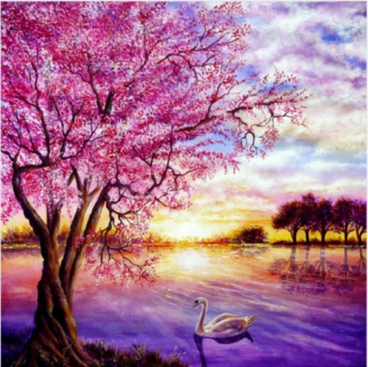Deimantų tapybos mozaika – saulėlydis virš ežero 30 × 30 cm