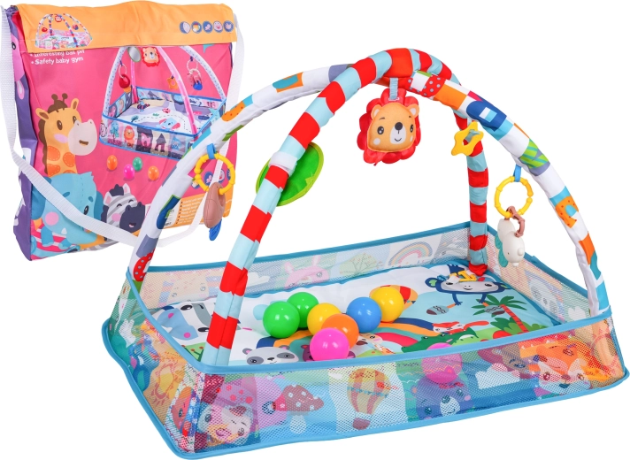 Vaikiškas žaidimų kilimėlis ir sausas baseinas su lankeliu ir kabančiais žaislais