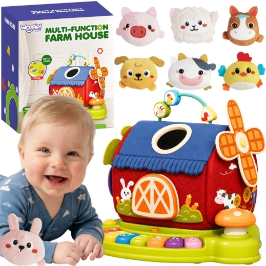 Woopie Baby interaktyvus ūkis – namelis su rūšiuokle ir pianinu + 7 pliušiniai gyvūnėliai