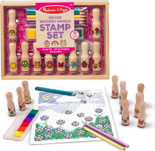 Melissa & Doug kūrybinis medinių antspaudų rinkinys su rašalu ir kreidelėmis