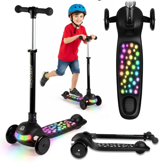 Vaikiškas triratis balansinis paspirtukas su LED apšvietimu Ricokids Glowi – juodas