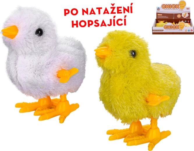 Pliušinis šokinėjantis viščiukas 9 cm su prisukamu rakteliu