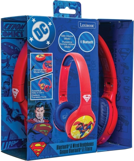 Vaikiškos 2in1 Bluetooth ausinės su garso ribojimu SUPERMAN – sulankstomos, laidinės ir belaidės