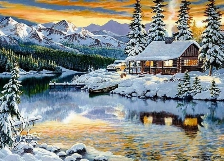 Norimpex Paint by Numbers Snowy Cottage by the Lake 40 × 50 cm