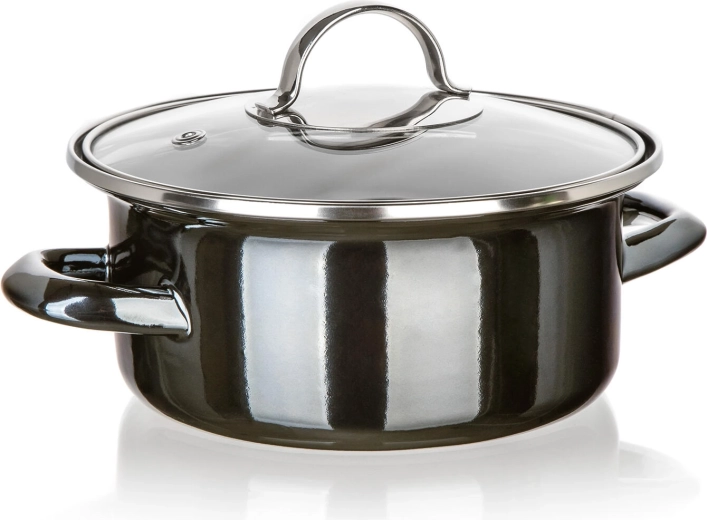 Emaliuotas puodas su stikliniu dangčiu 18 cm Metallic Black, 1,3 l