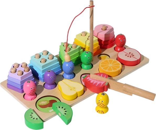 Wooden Montessori 3‑in‑1 Puzzle – Fruit, Fish, and Cutting