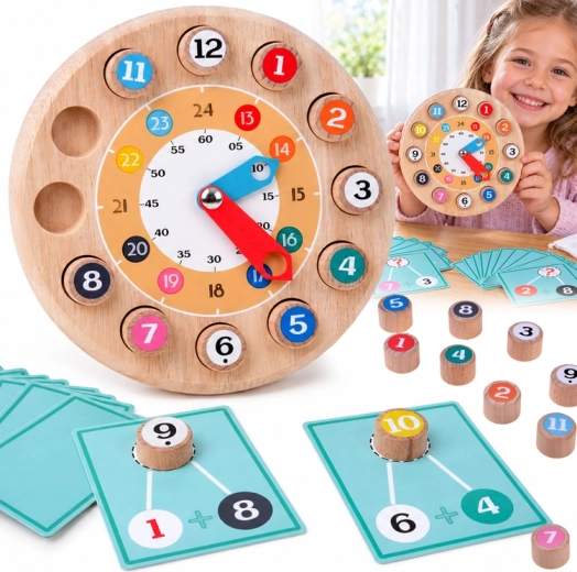 2-in-1 Wooden Educational Clock with Math Exercises